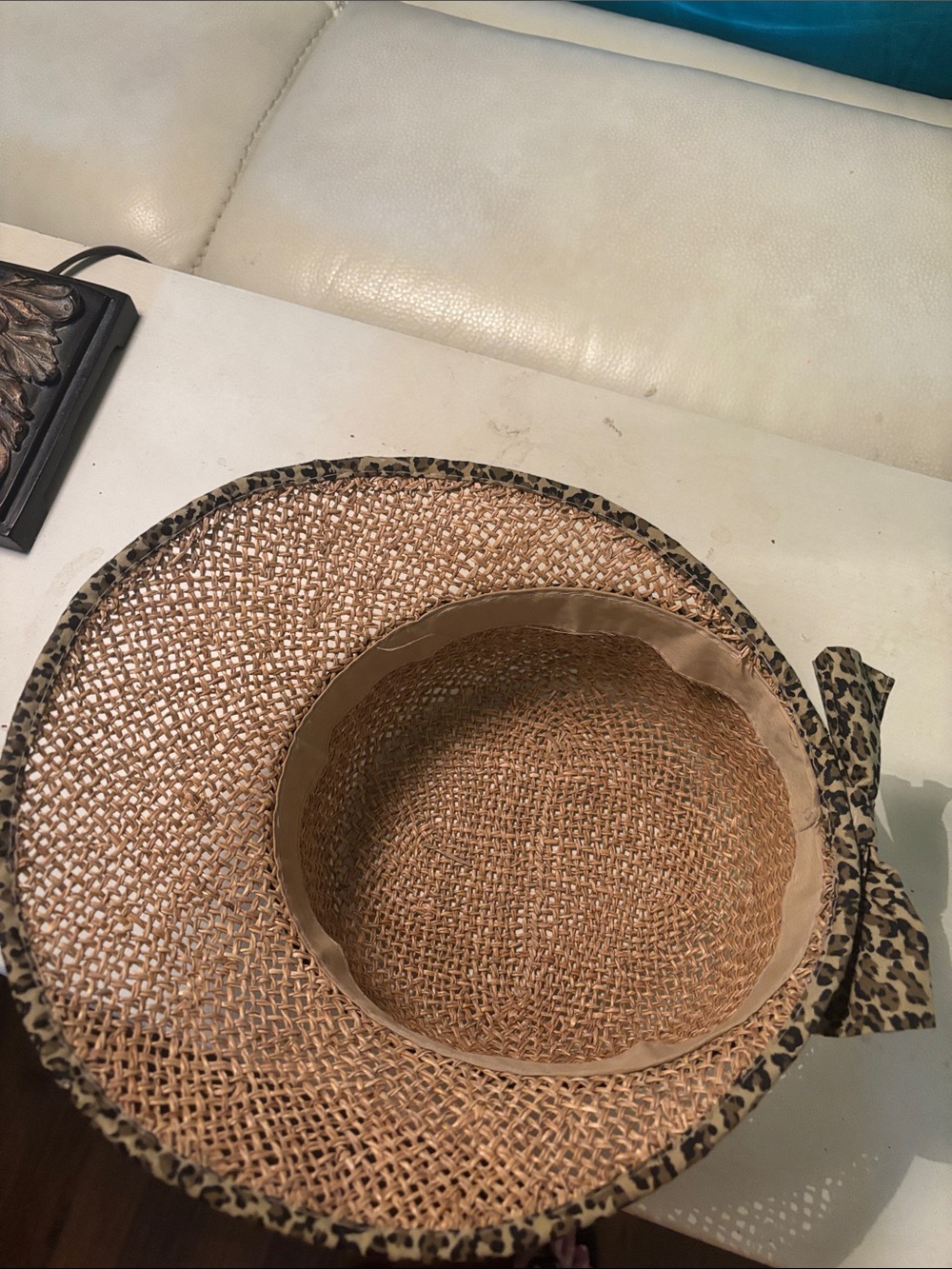 Woven Straw Sun Hat with Leopard Trim - Picture 4 of 5